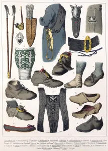 Traditional costumes in Germany around 1820, details such as shepherd's crook, tobacco pipe, cloth pin, pocket cutlery, satchel, hat buckle, calf stocking, braces, shoes, gaiters etc. various traditional men's accessories and tools