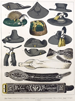 Traditional costumes in Germany around 1820, details such as hats and belts, various traditional hats with feathers and decorations as well as decorative belt buckles, digitally retouched reproduction of a model from around 1850
