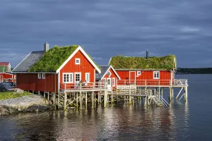 Traditional red stilt houses, typical fishermen huts