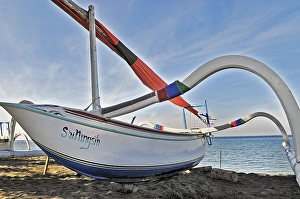 Traditional sailing boat with two outriggers, east coast near Amed, Bali, Indonesia, Asia