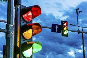 Traffic lights over urban intersection. Red light
