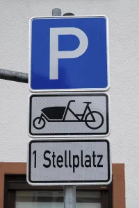 Traffic sign, car park, cargo bike