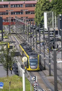 Tram of line 21, from U-OV, on the grounds of Utrecht Science Park