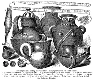 The treasure of Priam from Troy, excavated by Heinrich Schliemann, a find of gold and silver objects, headband, vases, dagger, earring, cup, drinking bowl, buttons, history of mankind, historical illustration 1880
