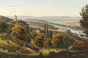 Tributary of the Rhine into Lake Constance with the town and the ruins of Rheineck, Switzerland, view around 1830, digitally restored reproduction of a 19th century model by Johann Ludwig Bleuler (12 February 1792 - 28 March 1850)