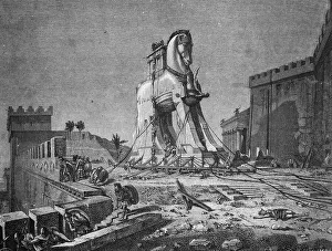 The Trojan horse, historic illustration, 1877