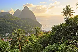 Tropical landscape with view of the village and the two Pitons