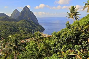Tropical landscape with view of the village and the two Pitons
