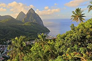 Tropical landscape with view of the village and the two Pitons