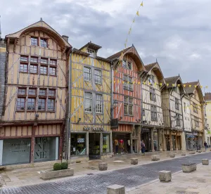Troyes, France- 13 September, 2022: medieval half-timbered houses in the historic city center of Troyes