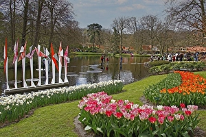 Tulip blossom, flower bed tulips, daffodils, lake, Wilhelmina Pavilion, spring, spring flower-bed, visitors, Keukenhof, Lisse, Netherlands