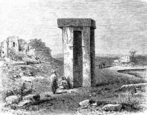Tumulus or dolmen, called Senam near Tripoli, two right-angled, vertical pillars with capstone, ruins, mountainous landscape, river, Arabs, camel, Africa, Libya, history of mankind, historical illustration 1880, Africa