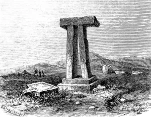 Tumulus or dolmen, called Senam near Tripoli, two right-angled, vertical pillars on steps with capstone, ruins, mountain landscape, river, Arabs, camel, Africa, Libya, history of mankind, historical illustration 1880, Africa