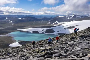 Tundra, barren mountain landscape with mountain lake