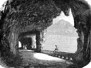 Tunnel of the Axenstrasse at Axenberg and Lake Uri, a connection between the Swiss towns of Brunnen and Flueelen, Alps, People, Travel, Switzerland, historical illustration 1885, Europe