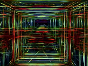 Tunnel, portal or room with colored neon glowing lines like wires