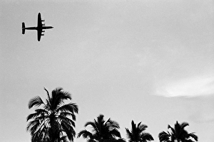 Turbo aeroplane flying over palm trees Goa India Asia 1981
