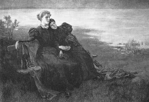 At twilight hour, Two woman sit in a melancholic mood on a bench by the lake