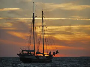 The two-masted gaff rigged schooner Abel Tasman in the evening light off Gedser