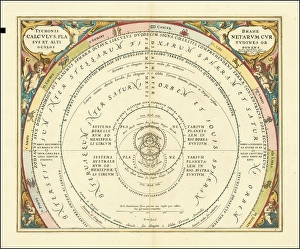 Tycho Brahe's model of the Universe, 1660, digital improved reproduction of a work of Andreas Cellarius (1596-1665), a Dutch-German cartographer and cosmographer best known for his Harmonia Macrocosmica from 1660, a major star atlas
