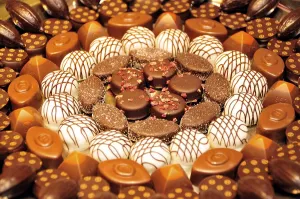 Typical Belgian chocolates in a delicatessen in a shopping mall