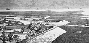 Typical landscapes in northern Germany, diked coog, agriculture and farm in fertile marsh, fields, sea dike, dike crest, mudflats at low tide, North Sea with shipping traffic, travel, Schleswig-Holstein, Germany, historical illustration 1885, Europe