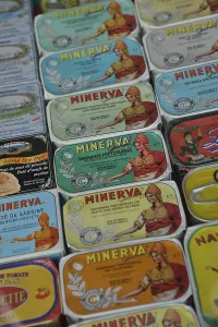 Typical Portuguese sardine cans in a deli