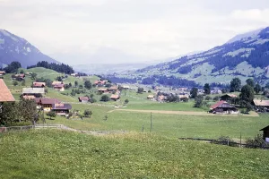 Typical wooden buildings in a scattered village on the valley floor, Bernese Alps, Switzerland, Europe, 1963 possibly in the Grindelwald area, Europe