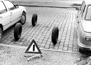 Tyres on parking lot, approx. 1980s