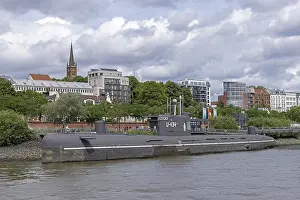 U-boat U-434, clouds, houses, Elbe