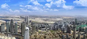 UAE, Dubai panoramic skyline view of city downtown and Dubai Mall