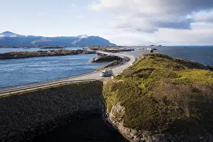 UAV recording, campervan on a parking lot on the island connecting road Atlantic Ocean Road