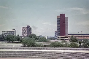 UNAM university campus modern architecture seen from the stadium, National Autonomous University of Mexico, Mexico City, Mexico around 1961