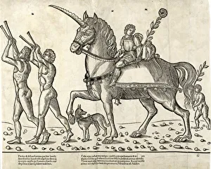 Unicorn. Trumpeters leading Caesar on horseback