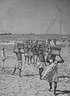 Unloading a ship on the beach, Historic