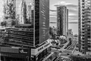 Framed Print : Urban black and white scene featuring roads and tall buildings with reflections in Toronto