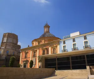 Valencia downtown cathedral and basilica in Plaza Cors Mare de Deu at Spain