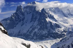 In the Vallee Blanche valley, view on the Mer de Glace glacier and the range of Mt Aiguille Verte