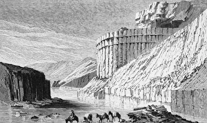 A valley in the Grand Canyon or Canon, national park in the state of Arizona, rider, horses, geology, rock formation, travelling, USA, historical illustration 18888, North America