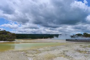 Vapour emissions from a geothermal area under a cloudy sky