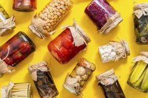Various kinds preserves vegetables and mushroome in glass jars