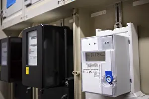 Various rotary electricity meters in a control cabinet in Wuppertal