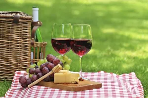 Wonderful Europe! - Culinary Diversity Prints: Various sorts of cheese, grapes and two glasses of the red wine