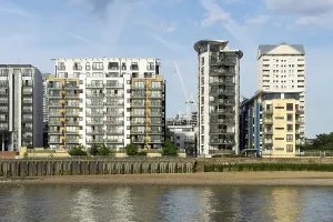 Various styles of buildings along the River Thames