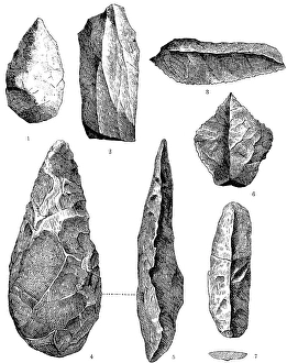 Various weapons and tools of early man, archaeological finds from the Somme valley, chipped flint material, history of mankind, France, historical illustration 1880, Europe