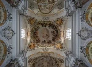 Vaults with ceiling frescoes in the baroque Basilica of St Alexander and Theodor