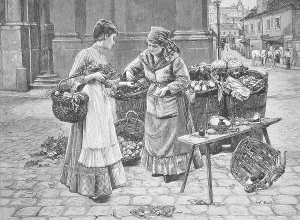 Vegetable woman selling fresh vegetables to a customer at a stall in the city
