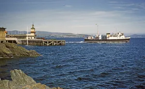 Vehicle ferry MV Cowal leaving the dock in Dunoon, Firth of Clyde, Argyll and Bute, Scotland, United Kingdom, early 1960s, Europe