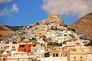 The Venetian city quarter of Ano Syros topped by the Catholic basilica of San Giorgio, Syros, Cyclades Islands, Greece, Europe