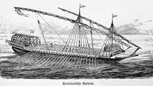 Venetian galley on the sea, historical illustration